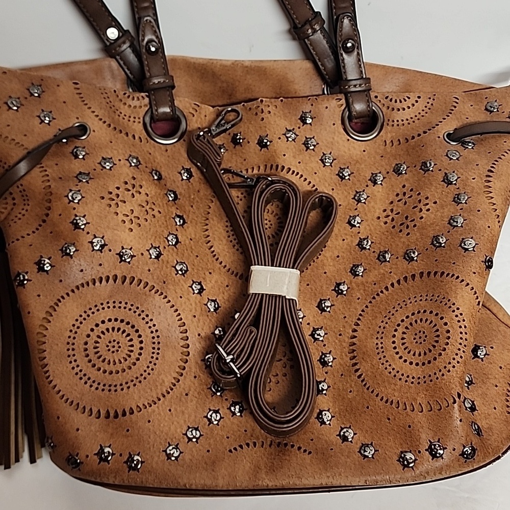 Sam & Hadley Large Studded Cognac & Brown 100% PVC Handbag with Tassel Accents - Picture 9 of 13